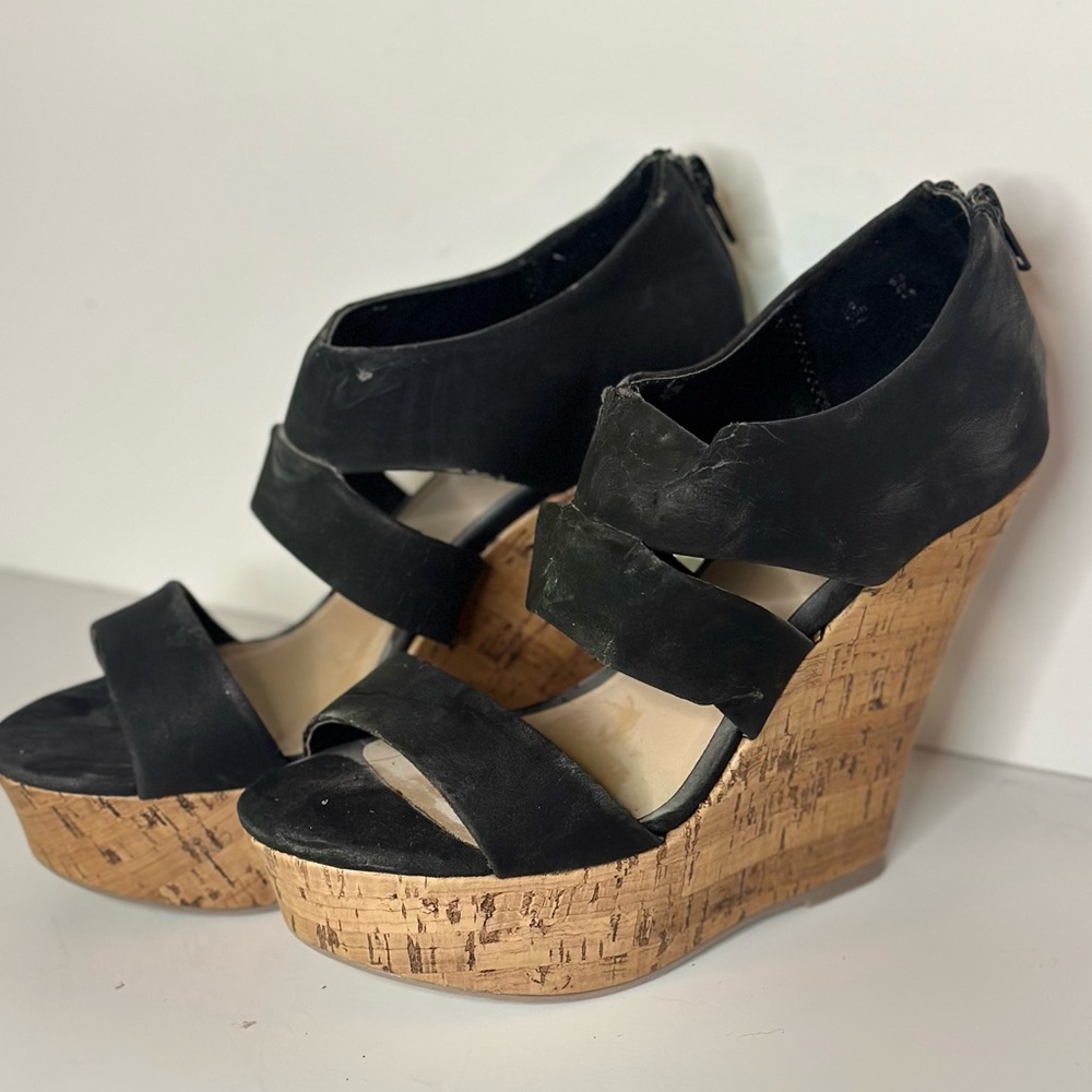 Just Fab - Black strappy cork wedge w/ zipper on heel
